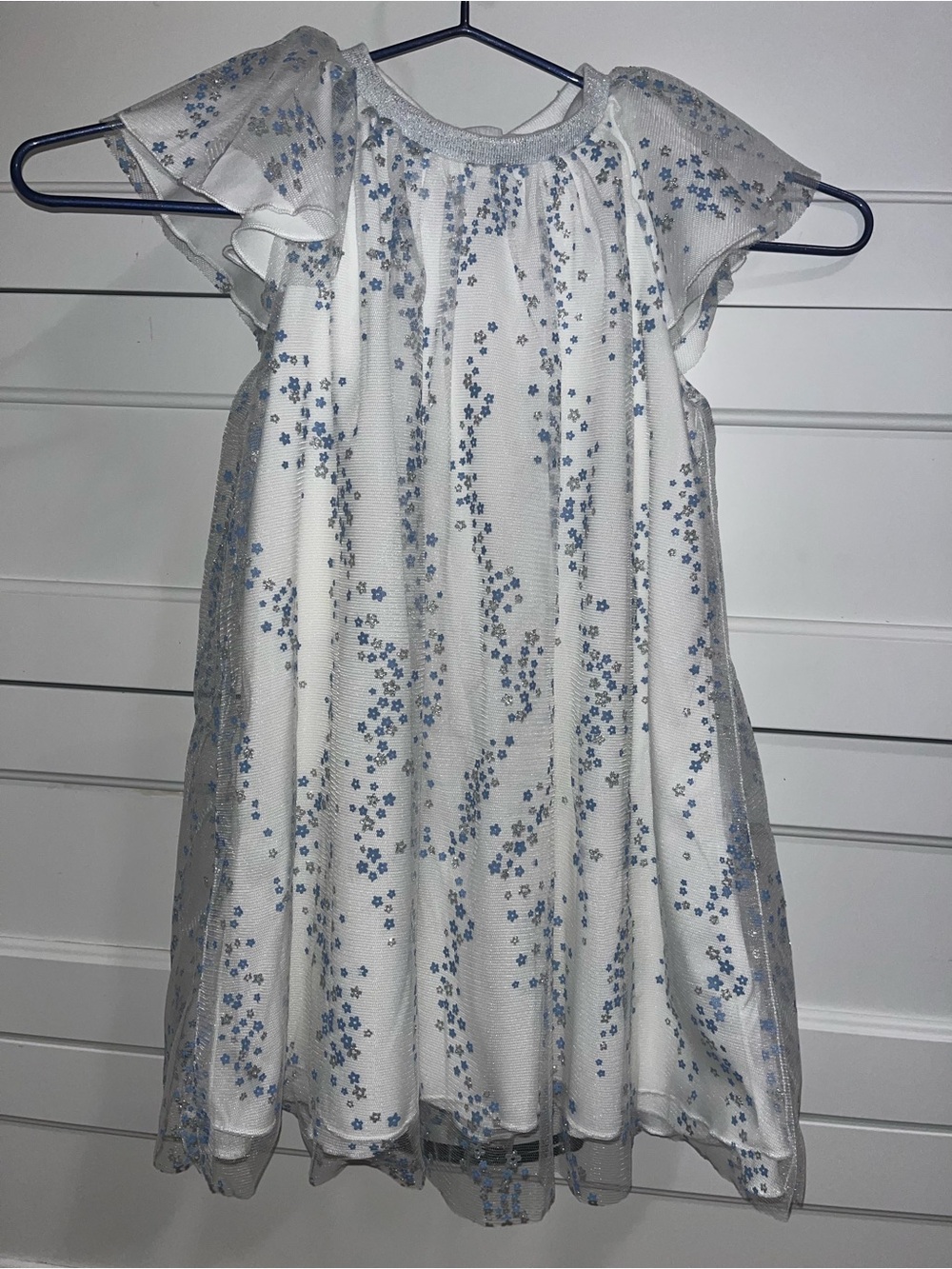 Dior girls White Mesh flowy Dress with Blue,Silver and glittery Floral details